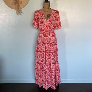 Pink and Red Floral Maxi Dress With Flutter Sleeves
